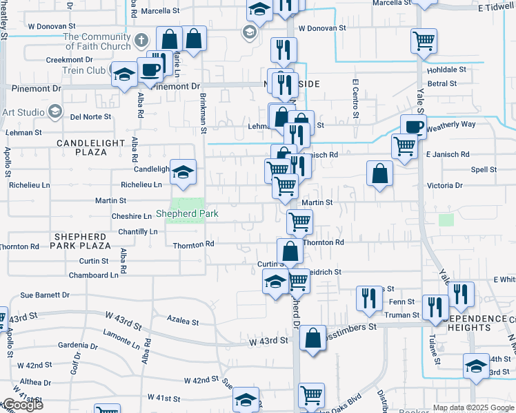 map of restaurants, bars, coffee shops, grocery stores, and more near 810 Martin Street in Houston