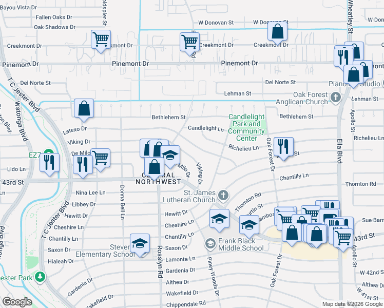 map of restaurants, bars, coffee shops, grocery stores, and more near 1711 Latexo Drive in Houston