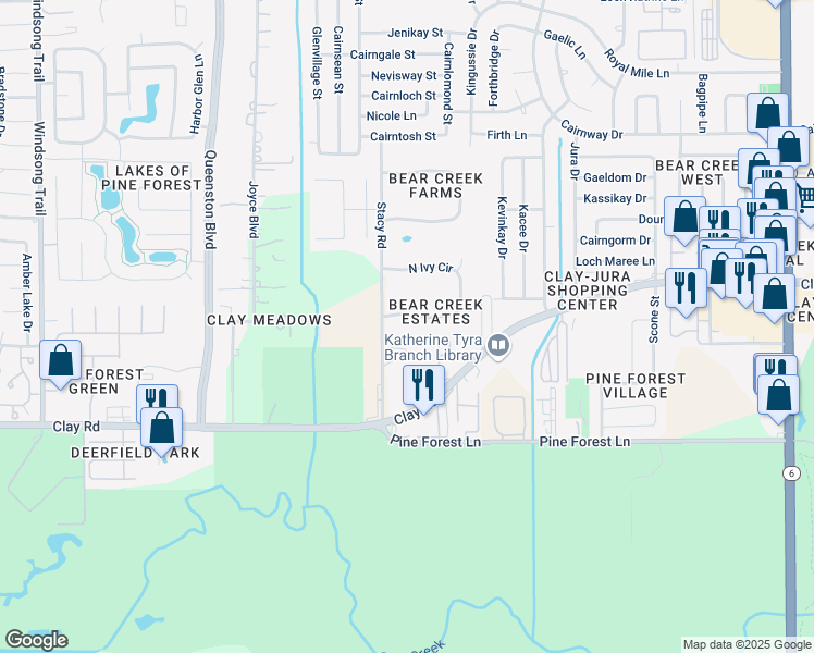 map of restaurants, bars, coffee shops, grocery stores, and more near 17150 South Ivy Circle in Houston
