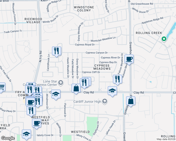 map of restaurants, bars, coffee shops, grocery stores, and more near 19435 Cypress Harbor Drive in Katy
