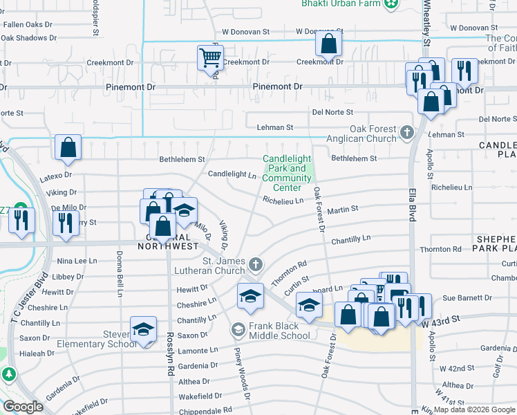 map of restaurants, bars, coffee shops, grocery stores, and more near 1435 Hewitt Drive in Houston