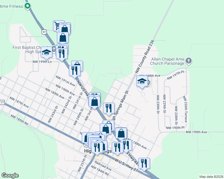 map of restaurants, bars, coffee shops, grocery stores, and more near 130 Northwest 9th Avenue in High Springs