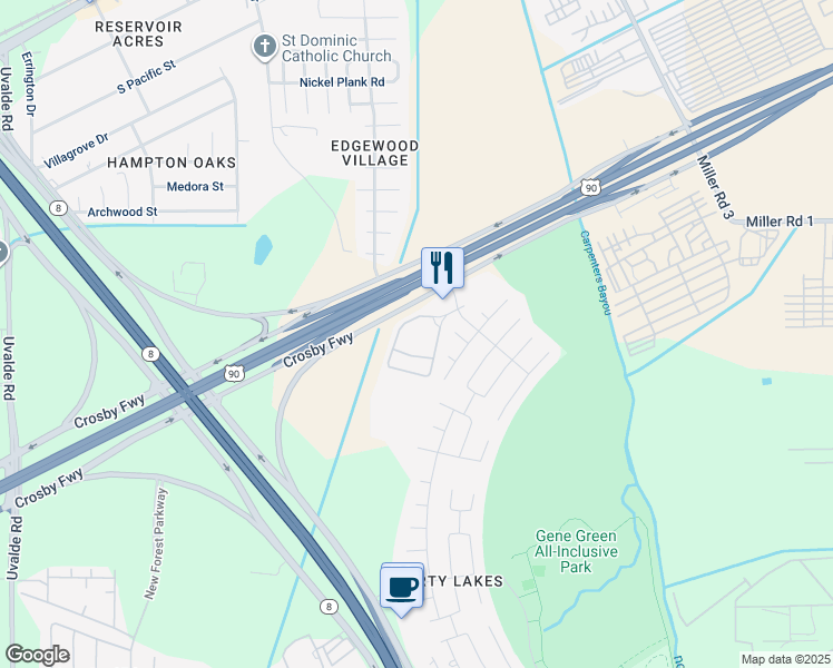 map of restaurants, bars, coffee shops, grocery stores, and more near 14580 Crosby Freeway in Houston