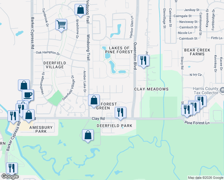 map of restaurants, bars, coffee shops, grocery stores, and more near 4019 Pinecrest Hollow in Houston