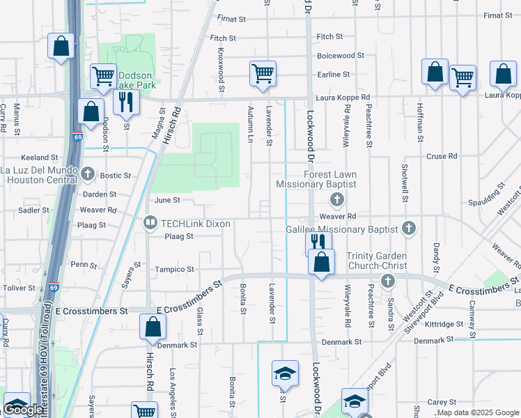 map of restaurants, bars, coffee shops, grocery stores, and more near 8122 Autumn Lane in Houston