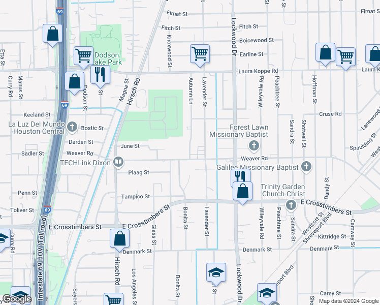 map of restaurants, bars, coffee shops, grocery stores, and more near 8122 Autumn Lane in Houston