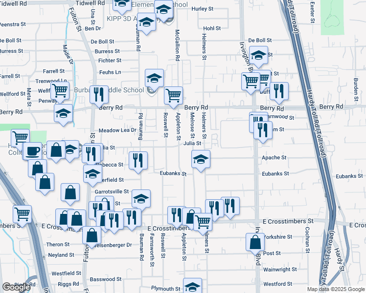 map of restaurants, bars, coffee shops, grocery stores, and more near 8105 Appleton Street in Houston