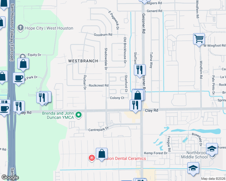map of restaurants, bars, coffee shops, grocery stores, and more near 4429 Terrace Manor Drive in Houston