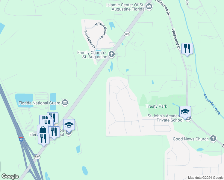 map of restaurants, bars, coffee shops, grocery stores, and more near 48 Basalt Drive in St. Augustine