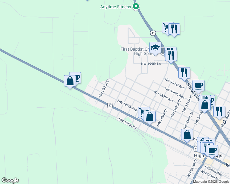 map of restaurants, bars, coffee shops, grocery stores, and more near 310 Northwest 13th Street in High Springs