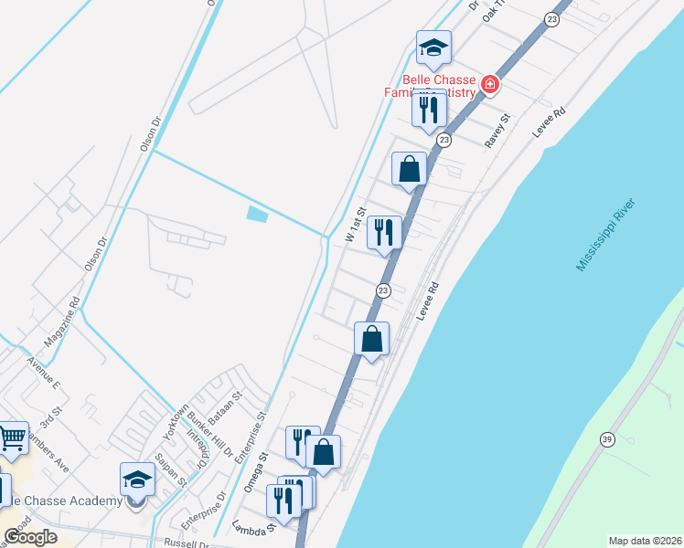 map of restaurants, bars, coffee shops, grocery stores, and more near 1607 West 1st Street in Belle Chasse
