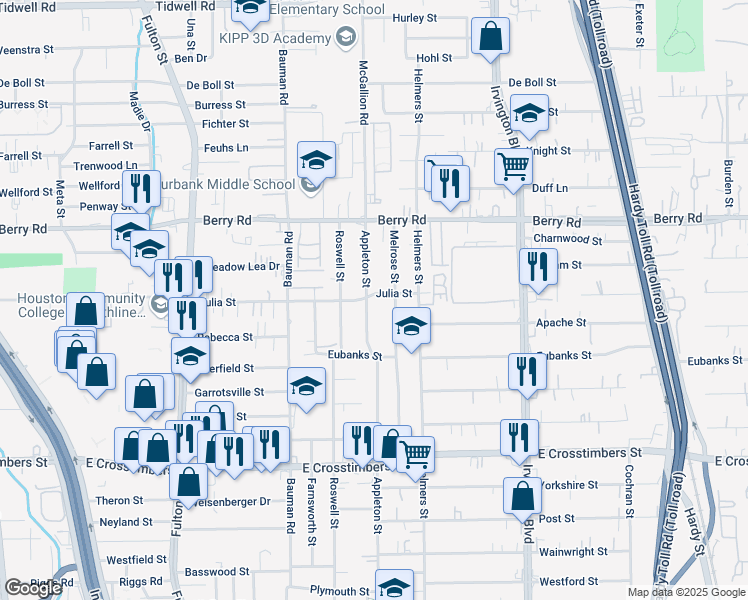 map of restaurants, bars, coffee shops, grocery stores, and more near 8105 Appleton Street in Houston