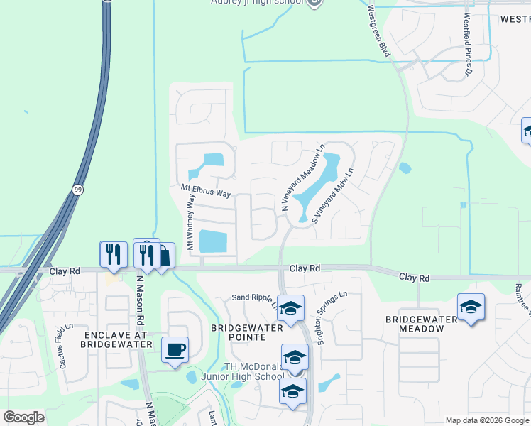 map of restaurants, bars, coffee shops, grocery stores, and more near 21406 Rioja Bluff Lane in Katy
