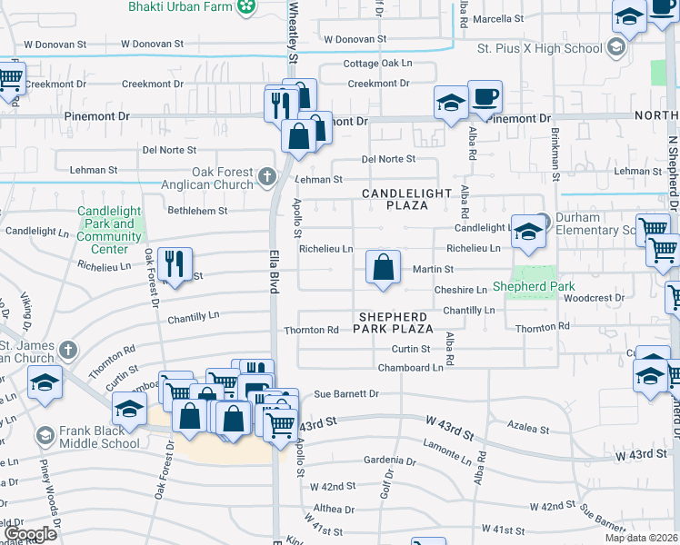 map of restaurants, bars, coffee shops, grocery stores, and more near 1104 Martin Street in Houston