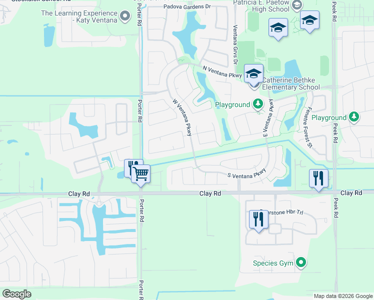 map of restaurants, bars, coffee shops, grocery stores, and more near 4303 Trizza Court in Katy