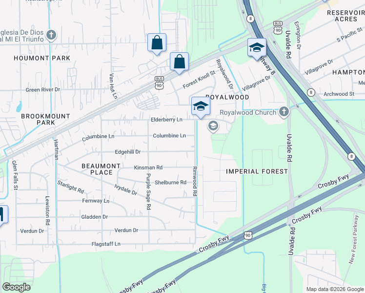 map of restaurants, bars, coffee shops, grocery stores, and more near 7607 Rimwood Road in Houston