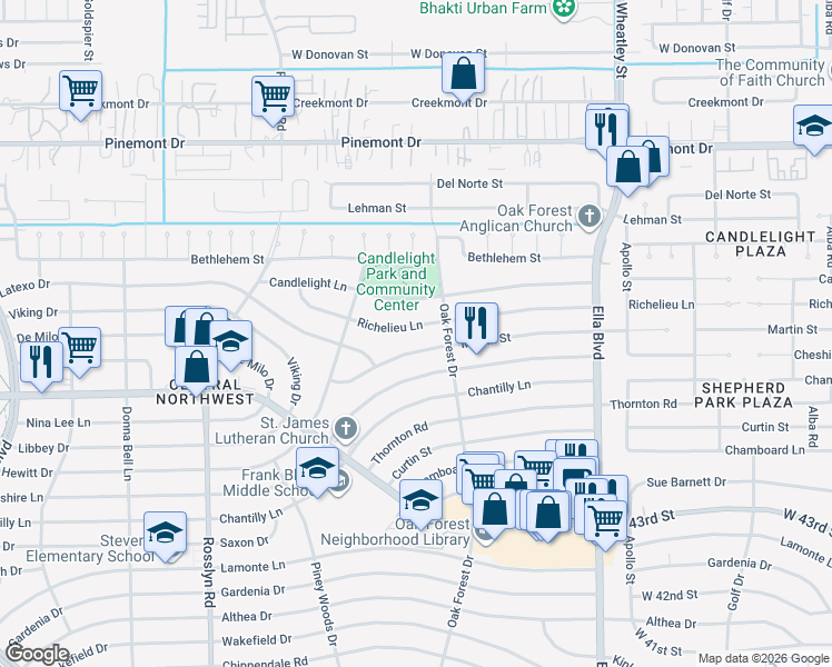 map of restaurants, bars, coffee shops, grocery stores, and more near 1411 Richelieu Lane in Houston