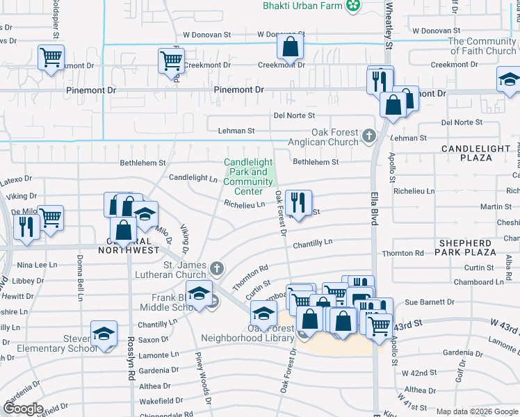 map of restaurants, bars, coffee shops, grocery stores, and more near 1411 Richelieu Lane in Houston