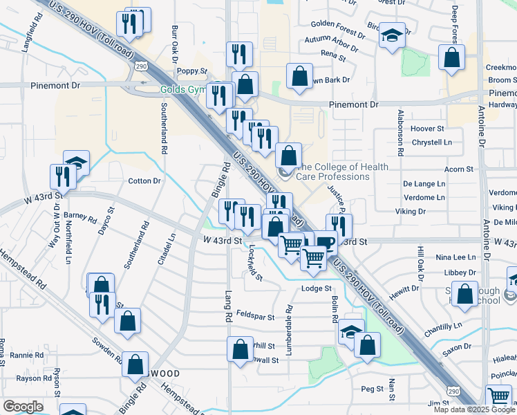 map of restaurants, bars, coffee shops, grocery stores, and more near 6500 West 43rd Street in Houston