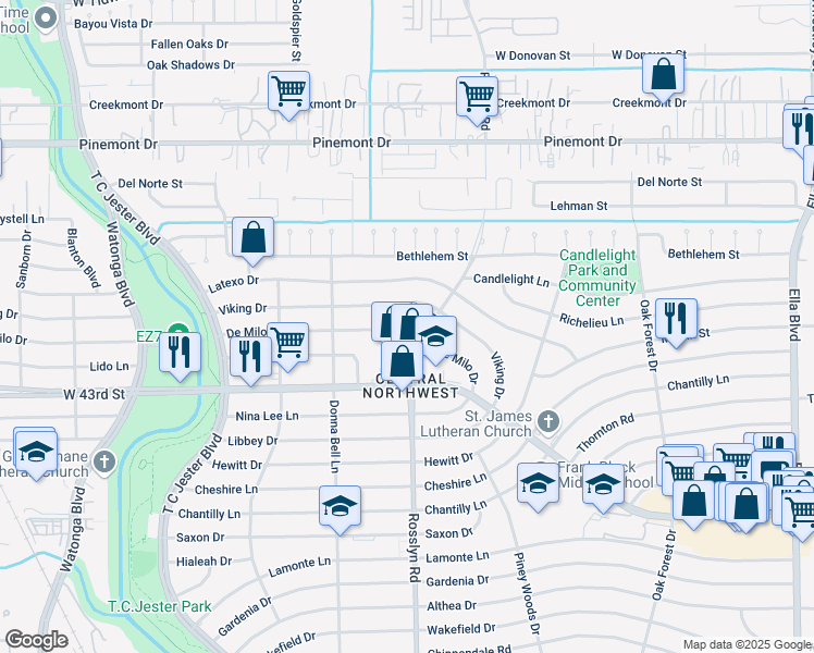 map of restaurants, bars, coffee shops, grocery stores, and more near 1810 De Milo Drive in Houston
