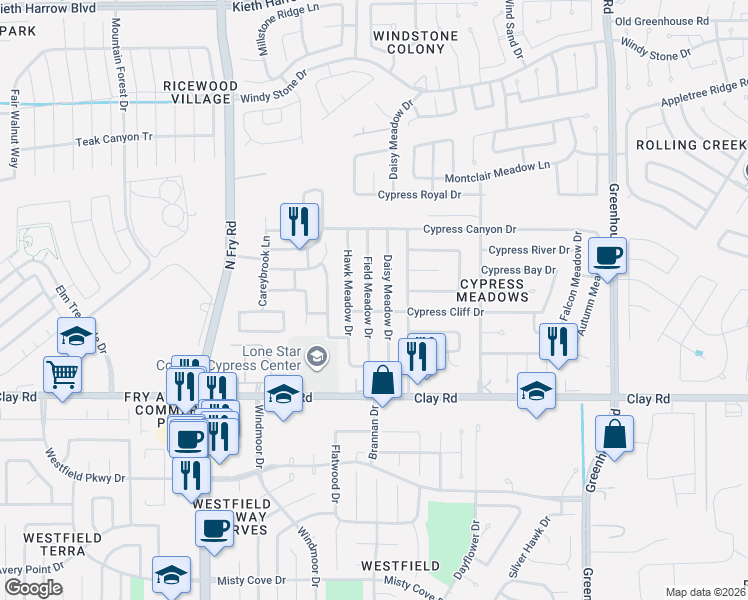 map of restaurants, bars, coffee shops, grocery stores, and more near 4318 Daisy Meadow Drive in Katy
