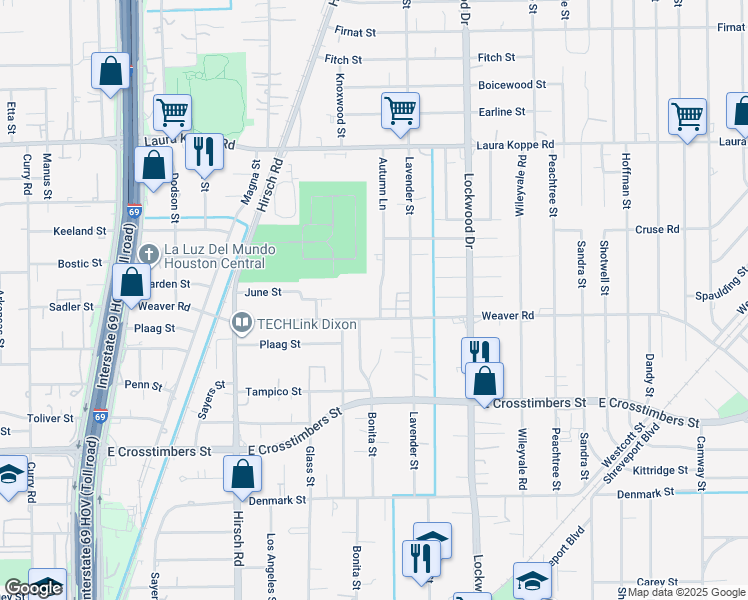 map of restaurants, bars, coffee shops, grocery stores, and more near 8123 Autumn Lane in Houston