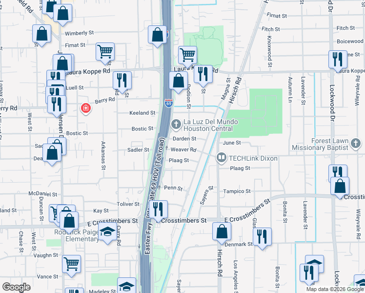 map of restaurants, bars, coffee shops, grocery stores, and more near 3620 Darden Street in Houston