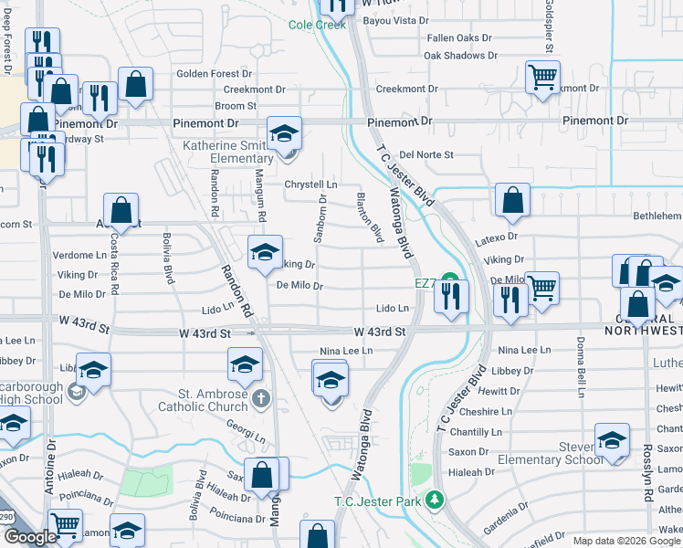 map of restaurants, bars, coffee shops, grocery stores, and more near 4503 Viking Drive in Houston