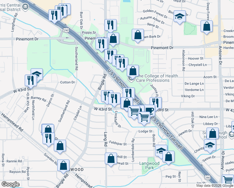 map of restaurants, bars, coffee shops, grocery stores, and more near 12253 Northwest Freeway in Houston