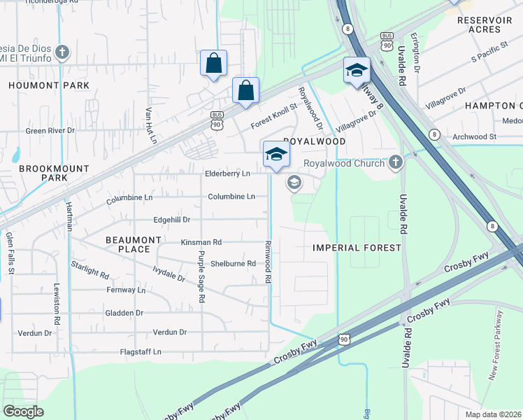 map of restaurants, bars, coffee shops, grocery stores, and more near 7607 Rimwood Road in Houston