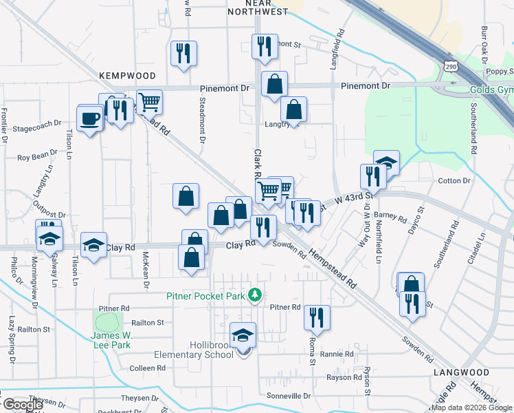 map of restaurants, bars, coffee shops, grocery stores, and more near Hempstead Rd & Hollister St in Houston