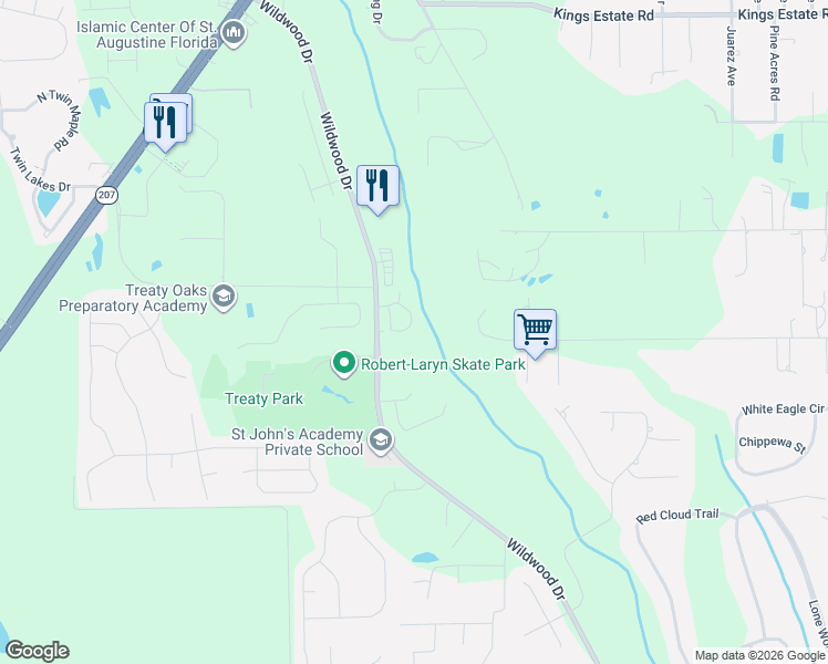 map of restaurants, bars, coffee shops, grocery stores, and more near 63 Moultrie Creek Circle in St. Augustine