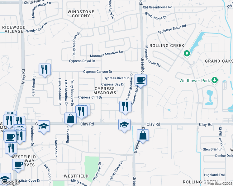 map of restaurants, bars, coffee shops, grocery stores, and more near 19211 Cypress Harbor Drive in Katy
