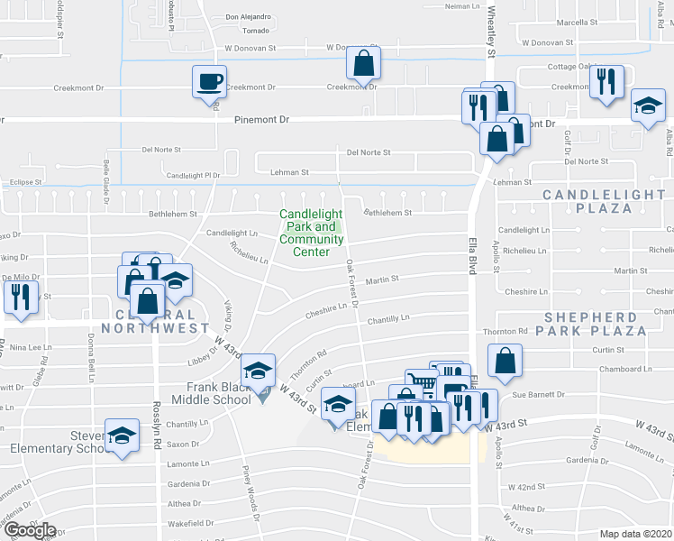 map of restaurants, bars, coffee shops, grocery stores, and more near 1411 Richelieu Lane in Houston