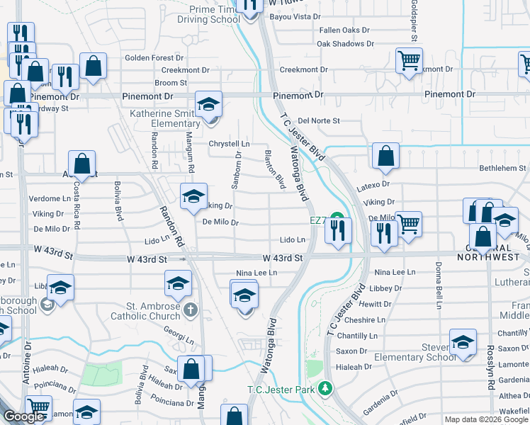 map of restaurants, bars, coffee shops, grocery stores, and more near 4503 Viking Drive in Houston