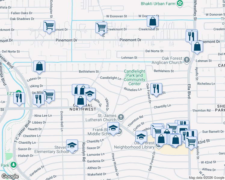 map of restaurants, bars, coffee shops, grocery stores, and more near 1622 Latexo Dr in Houston