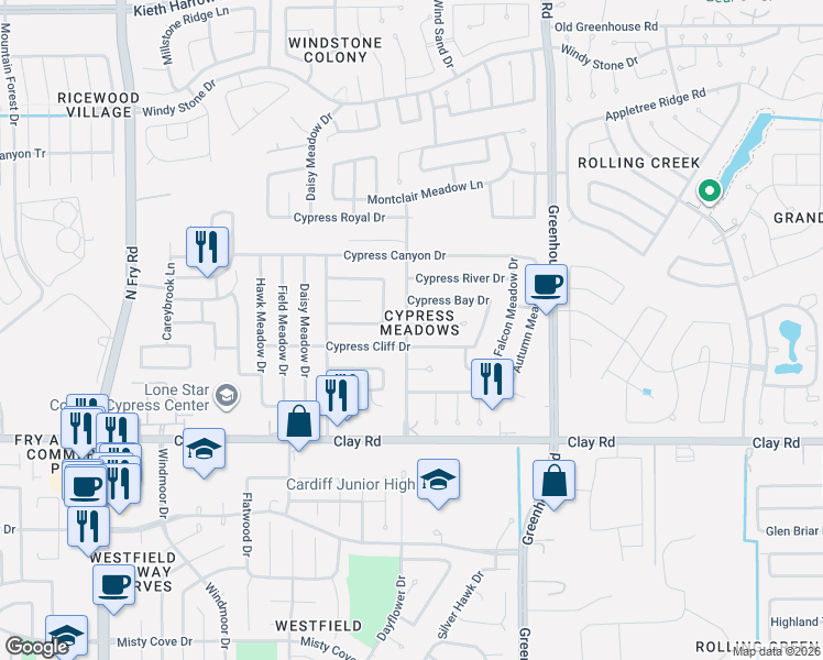 map of restaurants, bars, coffee shops, grocery stores, and more near 19319 Cypress Harbor Drive in Katy