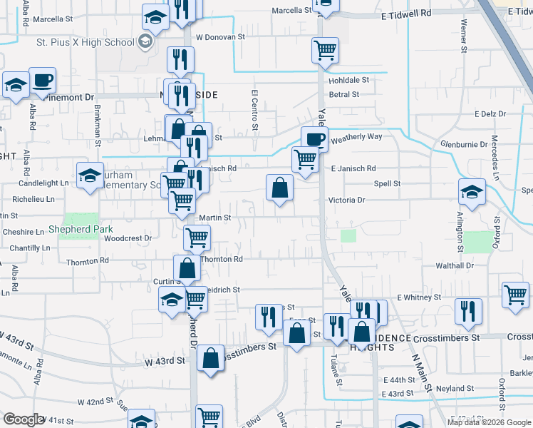 map of restaurants, bars, coffee shops, grocery stores, and more near 418 Martin Street in Houston