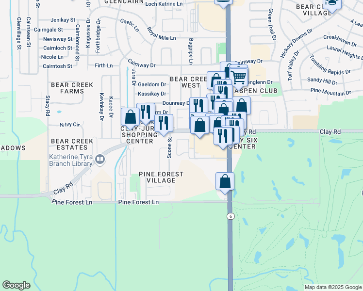 map of restaurants, bars, coffee shops, grocery stores, and more near 4158 Scone Street in Houston