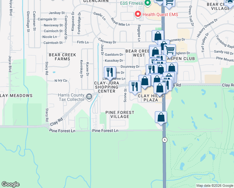 map of restaurants, bars, coffee shops, grocery stores, and more near 4151 Park Douglas Drive in Houston