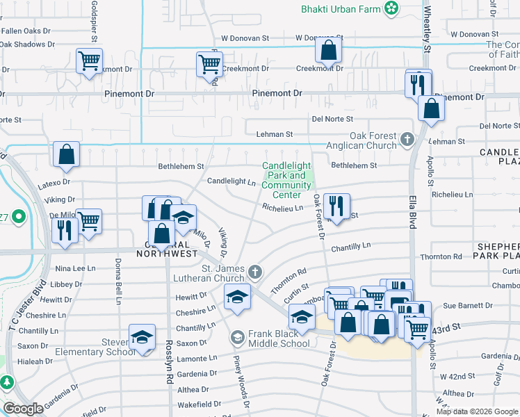 map of restaurants, bars, coffee shops, grocery stores, and more near 1435 Hewitt Drive in Houston