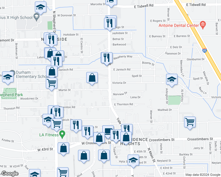 map of restaurants, bars, coffee shops, grocery stores, and more near 4696 Yale Street in Houston