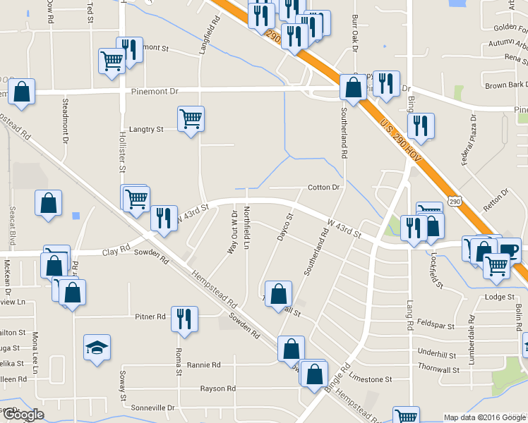 map of restaurants, bars, coffee shops, grocery stores, and more near 7075 West 43rd Street in Houston