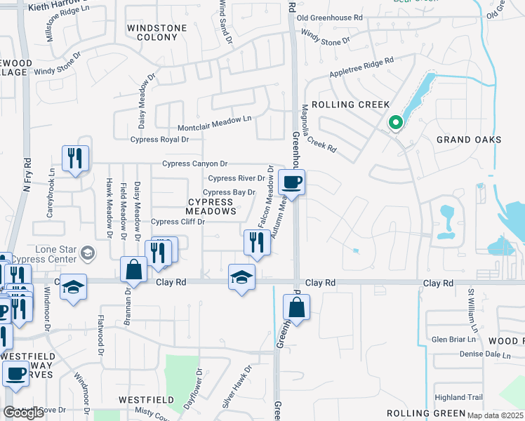 map of restaurants, bars, coffee shops, grocery stores, and more near 4315 Falcon Meadow Drive in Katy