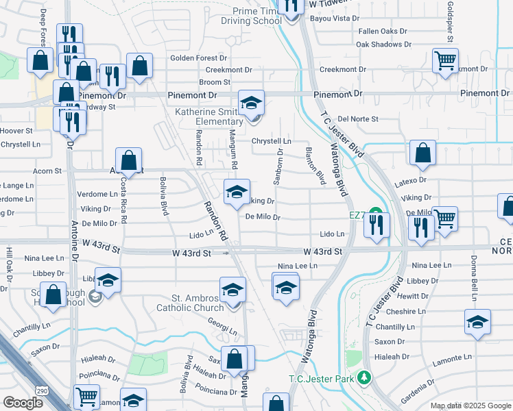 map of restaurants, bars, coffee shops, grocery stores, and more near 4805 Viking Drive in Houston