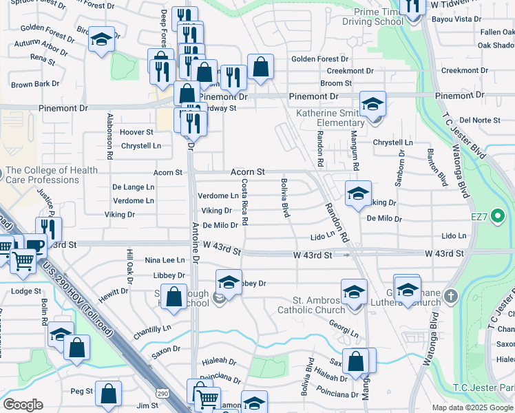 map of restaurants, bars, coffee shops, grocery stores, and more near 5210 Viking Drive in Houston
