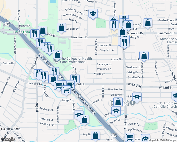 map of restaurants, bars, coffee shops, grocery stores, and more near 4614 Northrup Drive in Houston