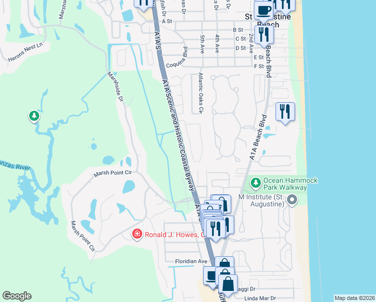 map of restaurants, bars, coffee shops, grocery stores, and more near 22 Magnolia Dunes Circle in St. Augustine