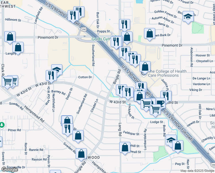 map of restaurants, bars, coffee shops, grocery stores, and more near 6618 Malibu Drive in Houston