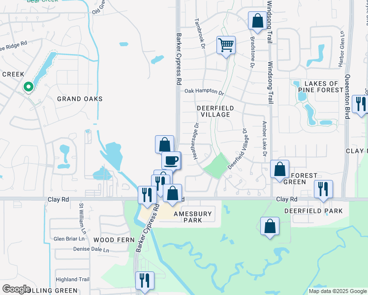 map of restaurants, bars, coffee shops, grocery stores, and more near 18303 Spellbrook Drive in Houston